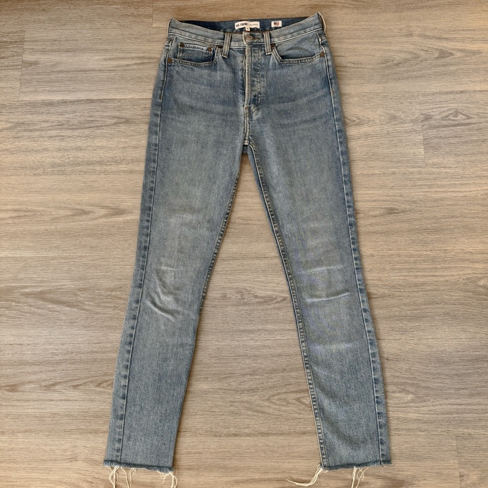 re/done dark blue wash high waisted rise skinny slim ankle crop denim jeans